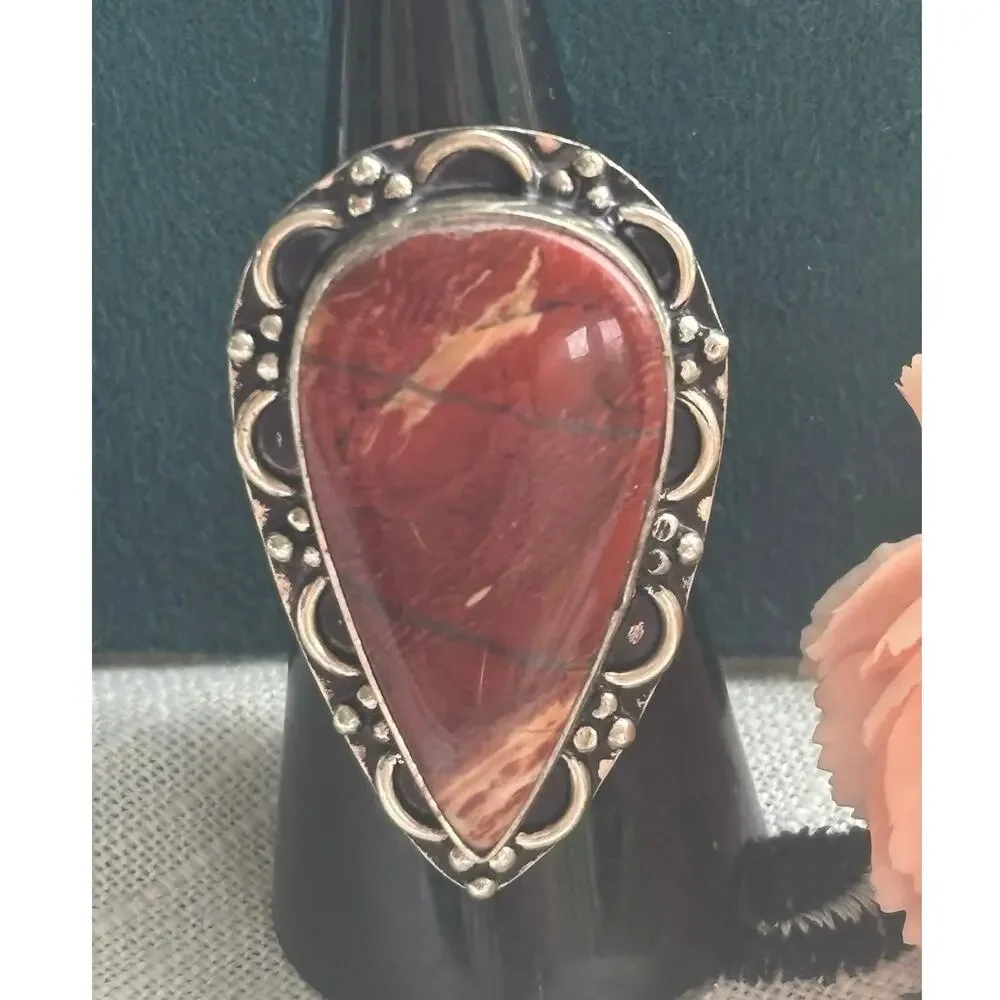 Silver Red Rainbow Jasper Ring 7.5